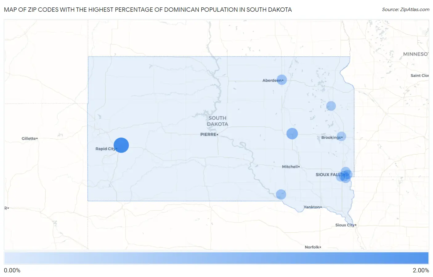 Zip Codes with the Highest Percentage of Dominican Population in South Dakota Map