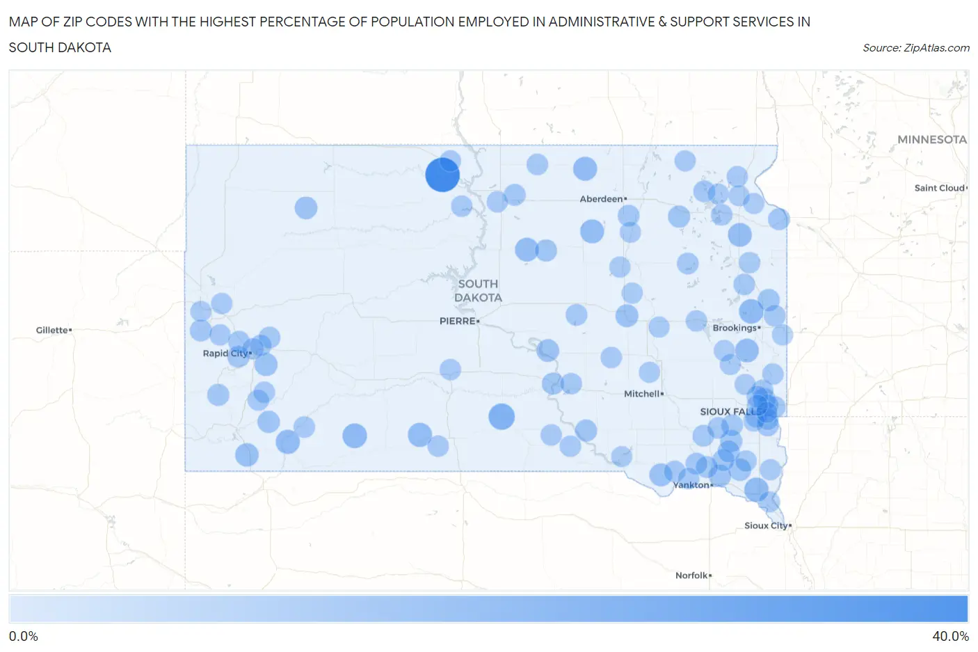 Zip Codes with the Highest Percentage of Population Employed in Administrative & Support Services in South Dakota Map