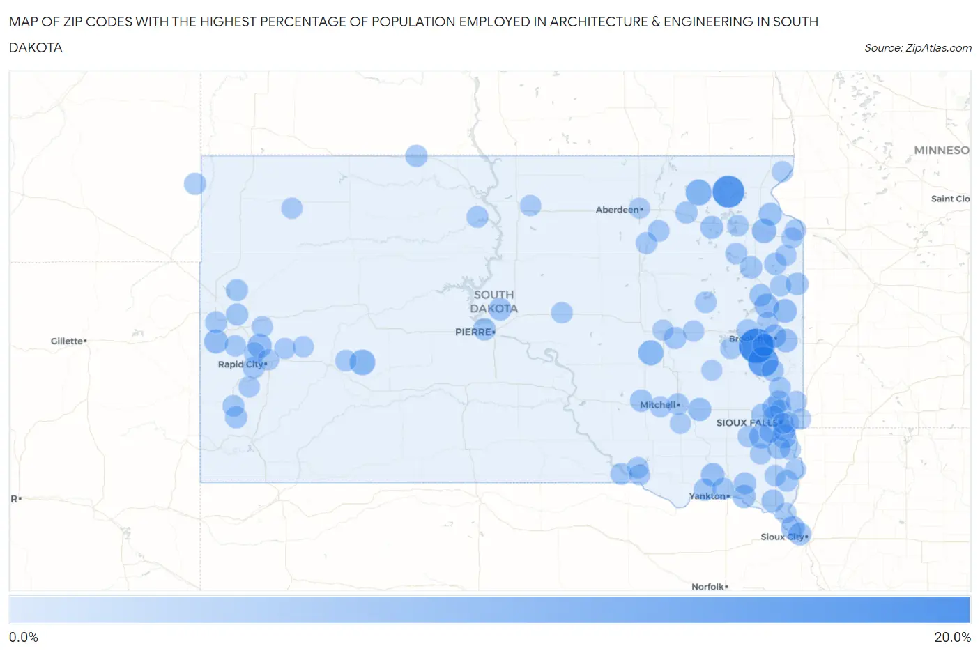 Zip Codes with the Highest Percentage of Population Employed in Architecture & Engineering in South Dakota Map