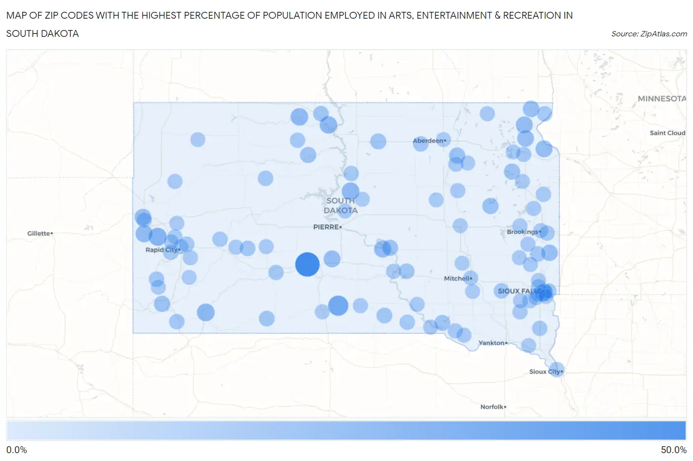Zip Codes with the Highest Percentage of Population Employed in Arts, Entertainment & Recreation in South Dakota Map