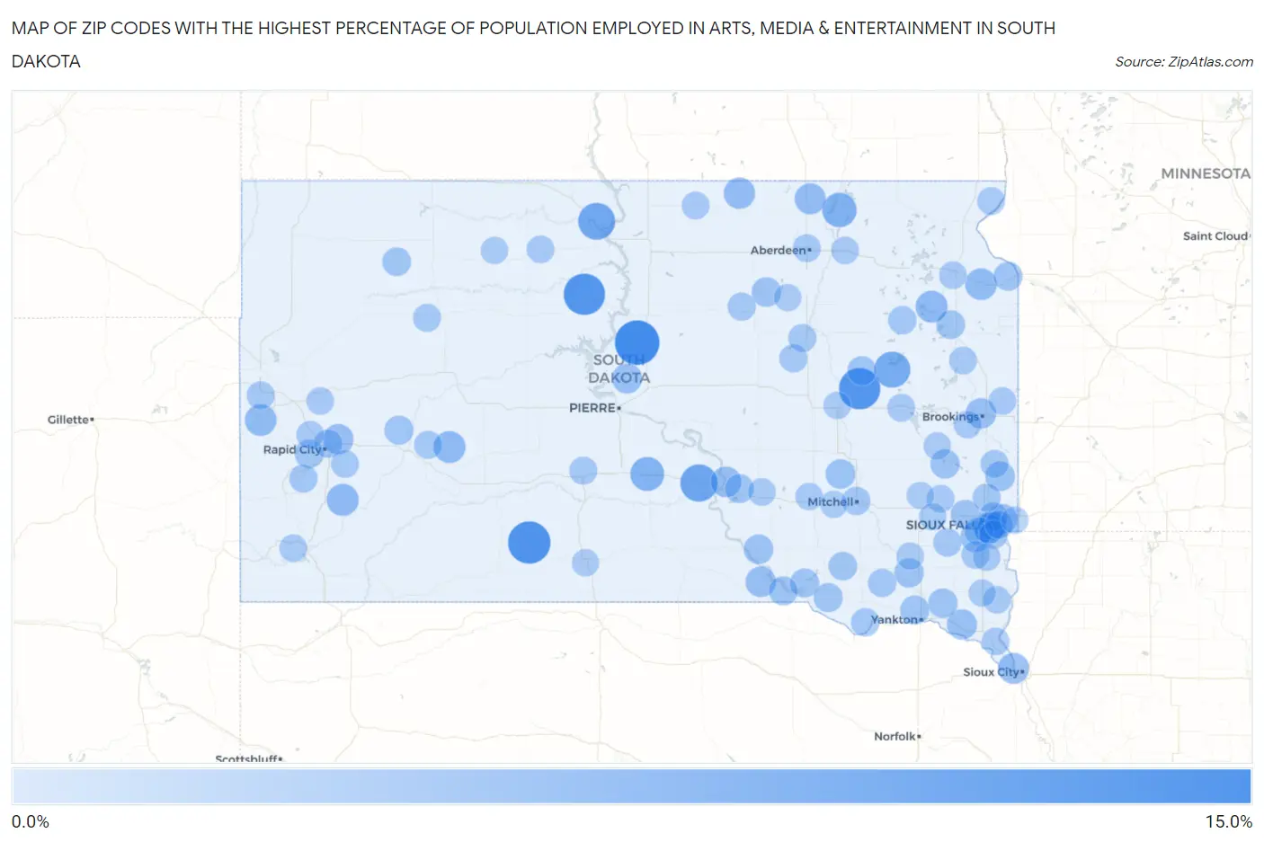 Zip Codes with the Highest Percentage of Population Employed in Arts, Media & Entertainment in South Dakota Map