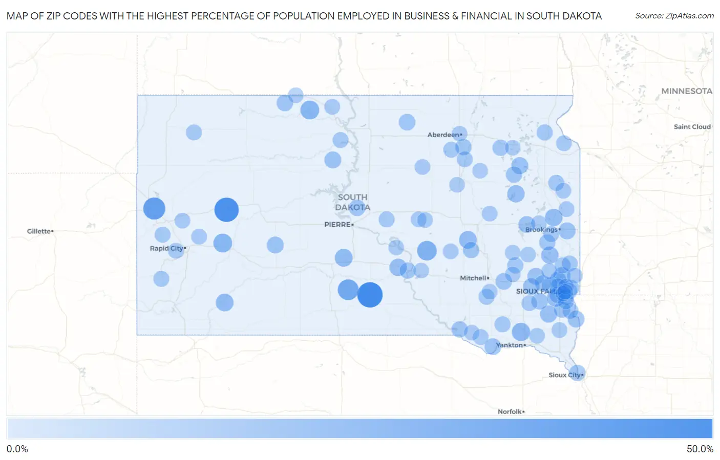 Zip Codes with the Highest Percentage of Population Employed in Business & Financial in South Dakota Map