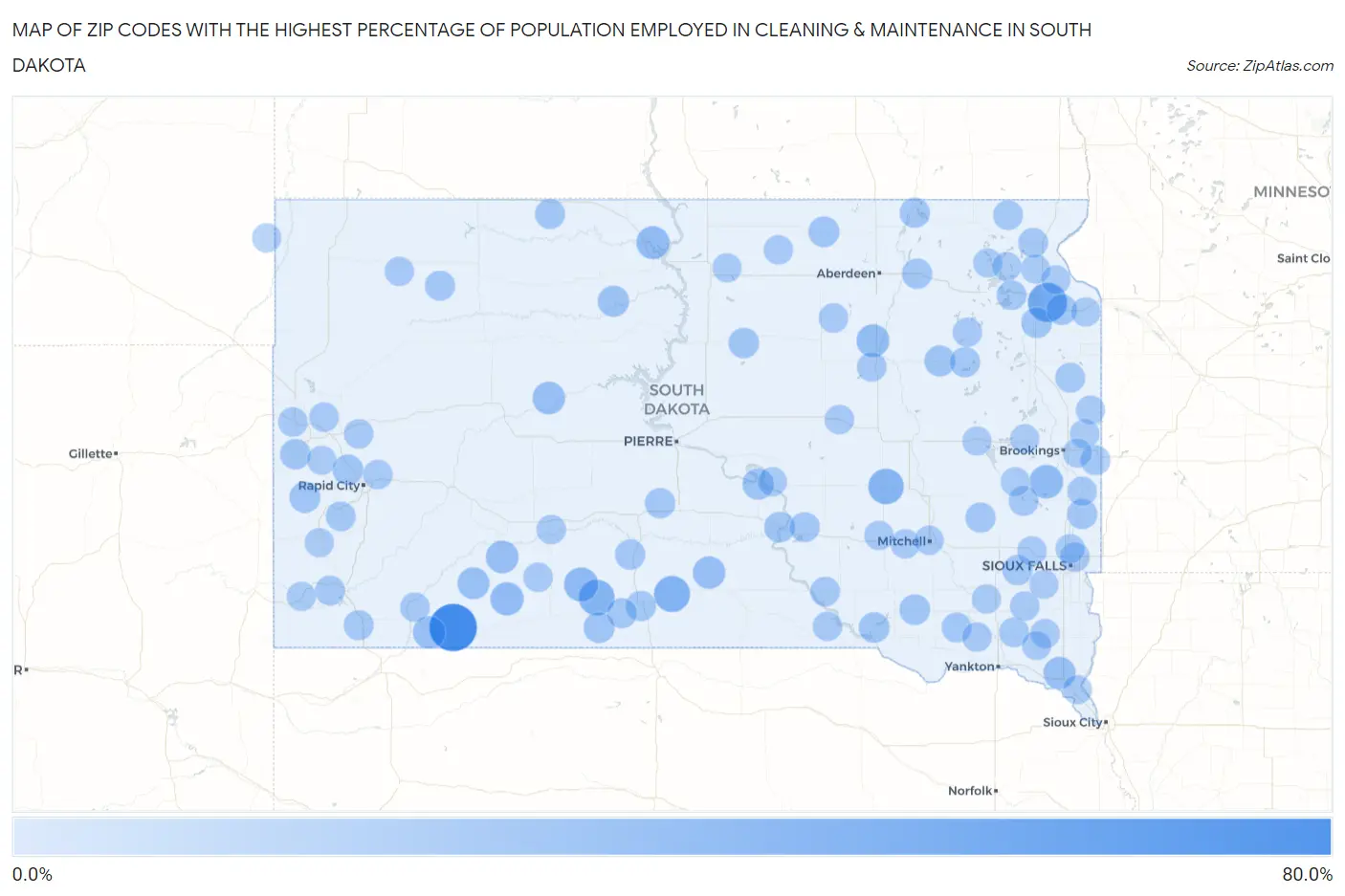 Zip Codes with the Highest Percentage of Population Employed in Cleaning & Maintenance in South Dakota Map