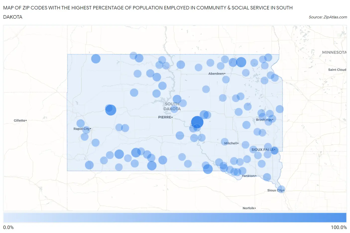 Zip Codes with the Highest Percentage of Population Employed in Community & Social Service  in South Dakota Map