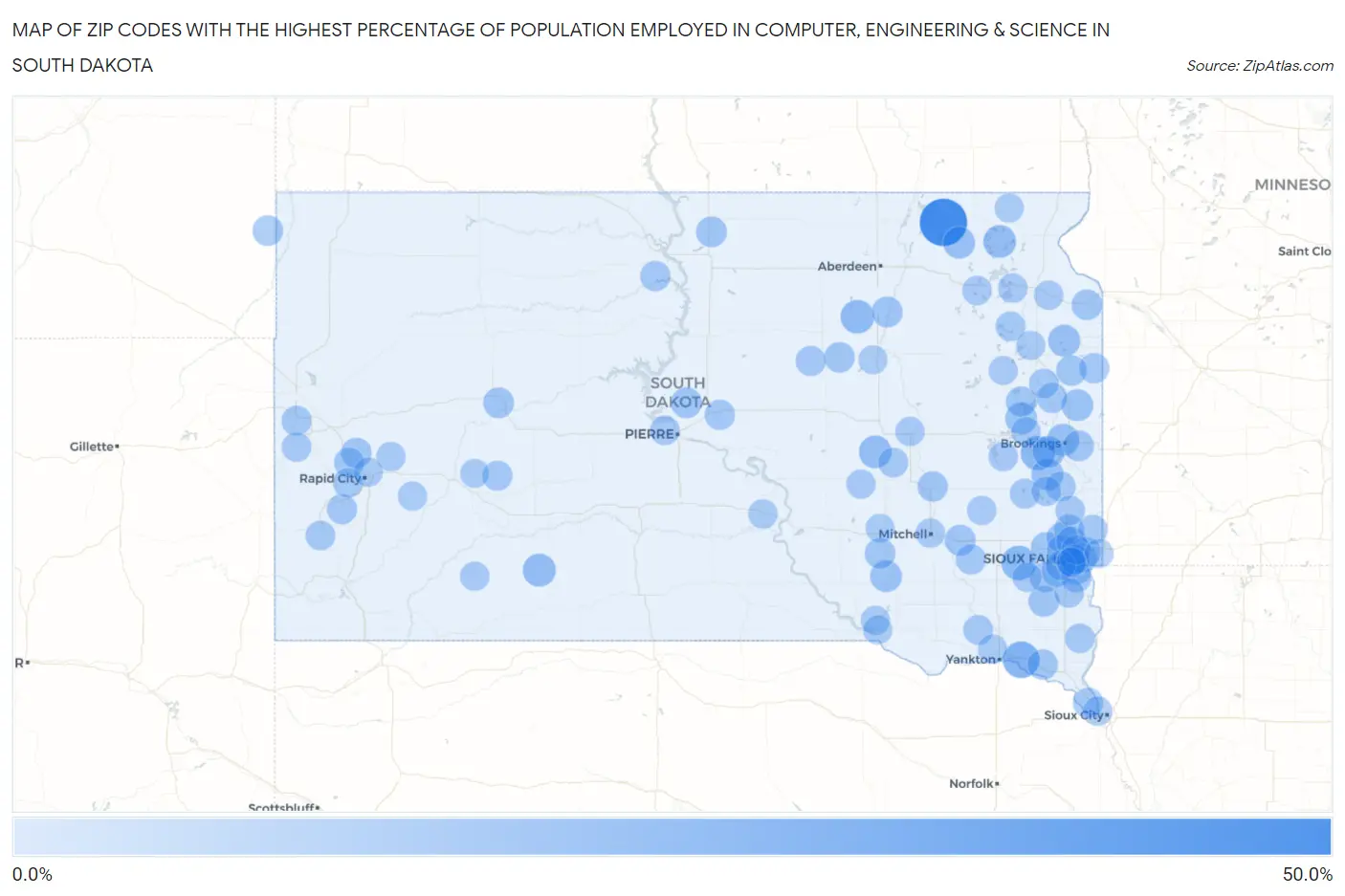 Zip Codes with the Highest Percentage of Population Employed in Computer, Engineering & Science in South Dakota Map