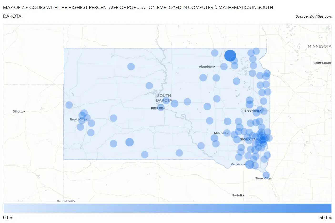 Zip Codes with the Highest Percentage of Population Employed in Computer & Mathematics in South Dakota Map