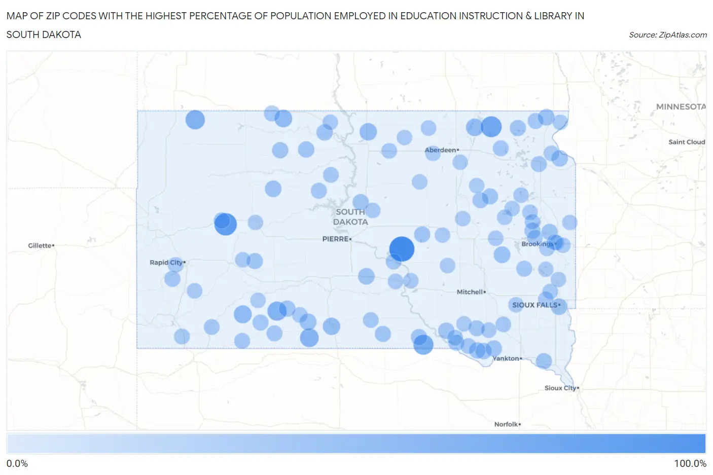 Zip Codes with the Highest Percentage of Population Employed in Education Instruction & Library in South Dakota Map