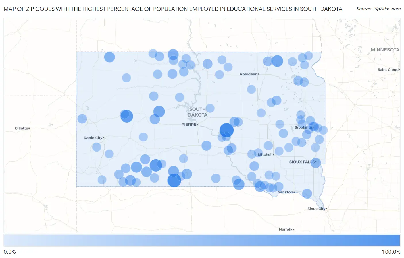 Zip Codes with the Highest Percentage of Population Employed in Educational Services in South Dakota Map