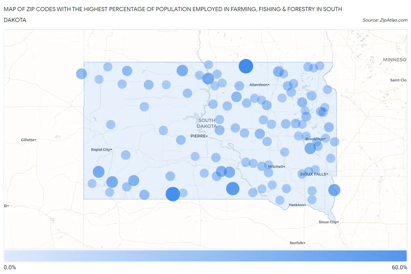Zip Codes with the Highest Percentage of Population Employed in Farming, Fishing & Forestry in South Dakota Map