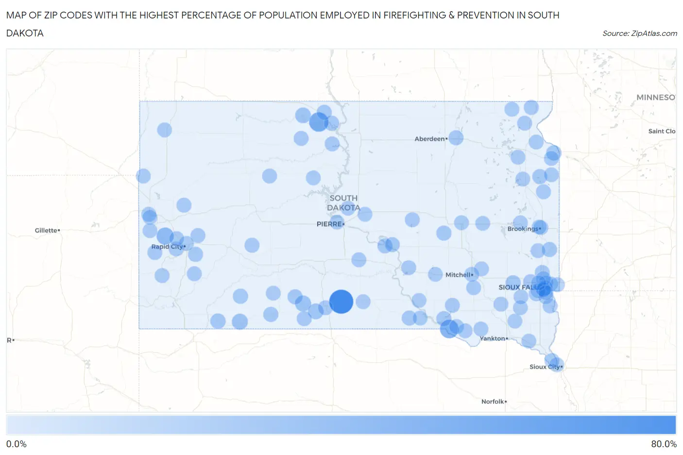 Zip Codes with the Highest Percentage of Population Employed in Firefighting & Prevention in South Dakota Map
