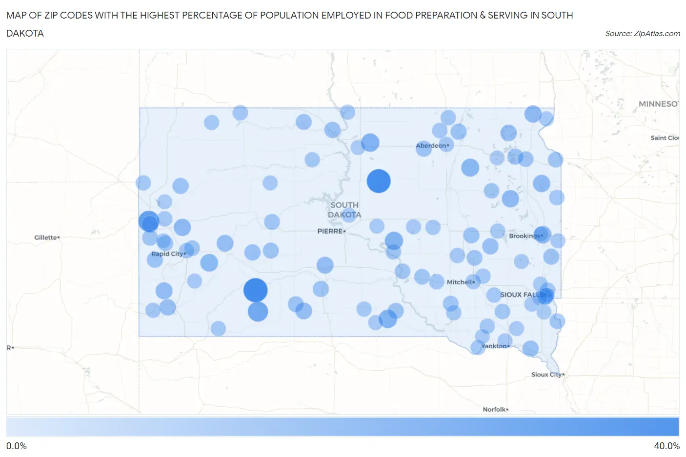 Zip Codes with the Highest Percentage of Population Employed in Food Preparation & Serving in South Dakota Map