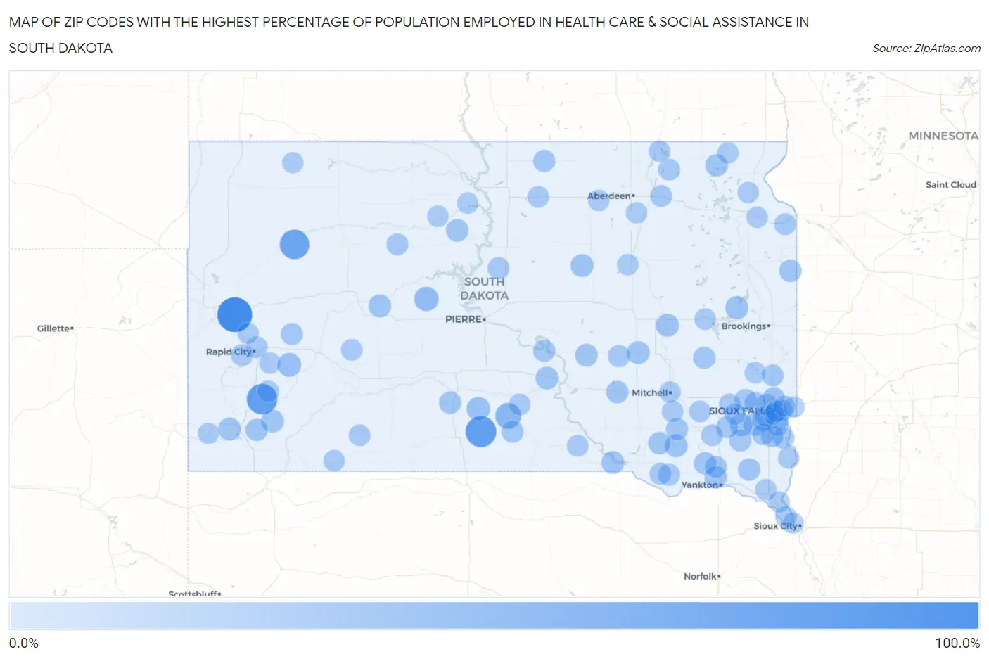 Zip Codes with the Highest Percentage of Population Employed in Health Care & Social Assistance in South Dakota Map