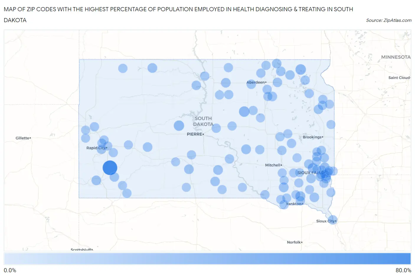 Zip Codes with the Highest Percentage of Population Employed in Health Diagnosing & Treating in South Dakota Map