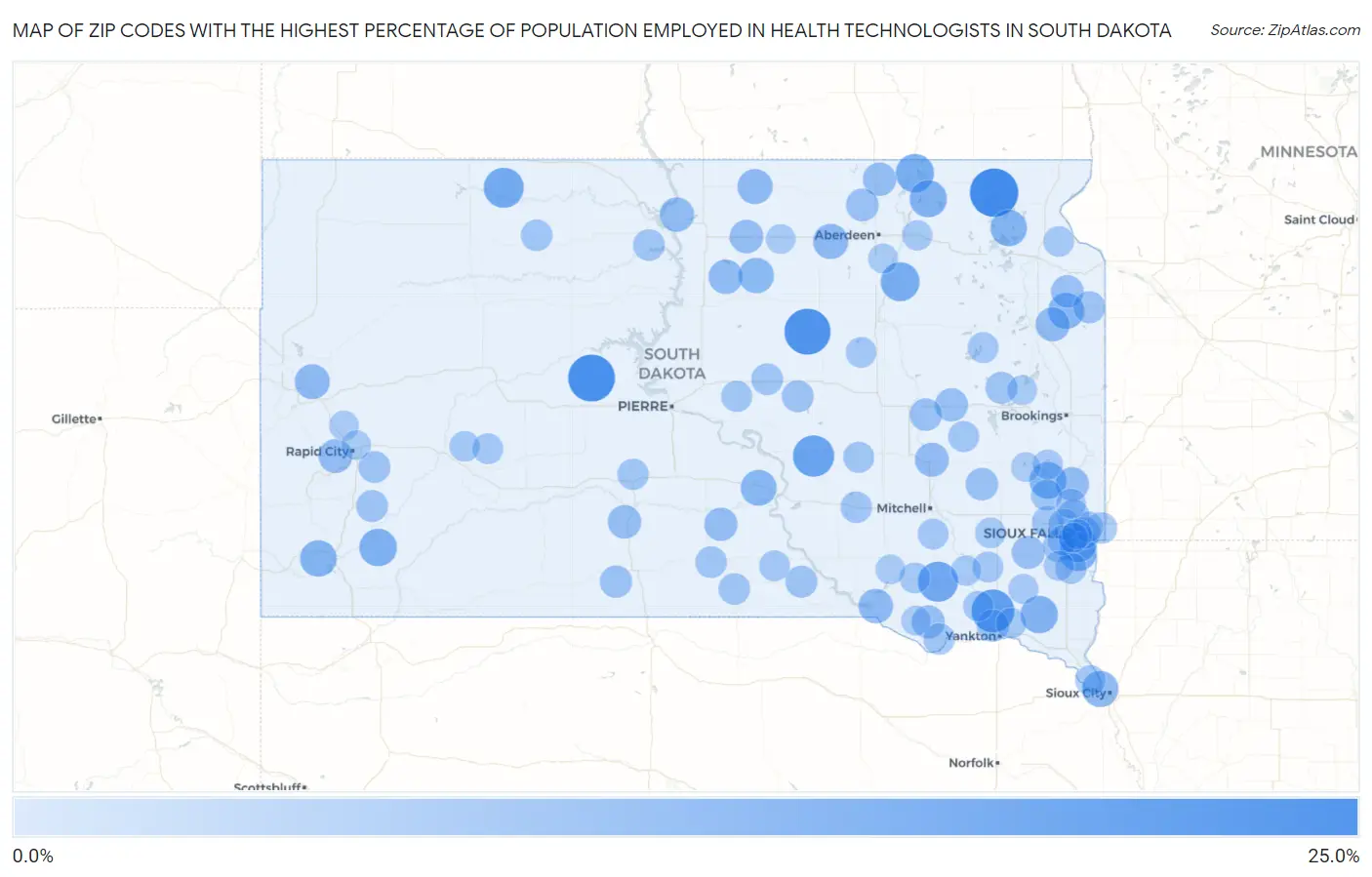 Zip Codes with the Highest Percentage of Population Employed in Health Technologists in South Dakota Map