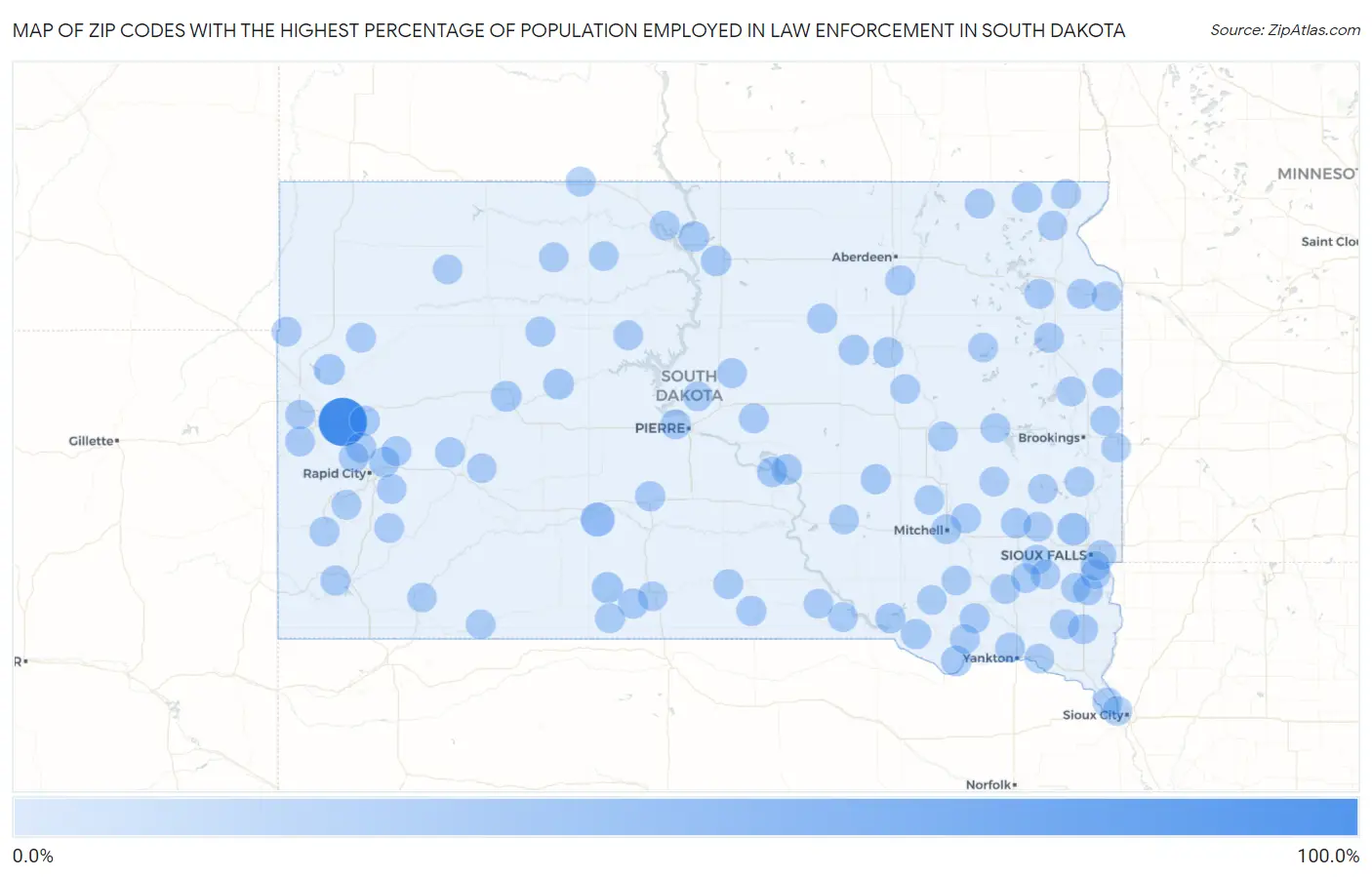 Zip Codes with the Highest Percentage of Population Employed in Law Enforcement in South Dakota Map