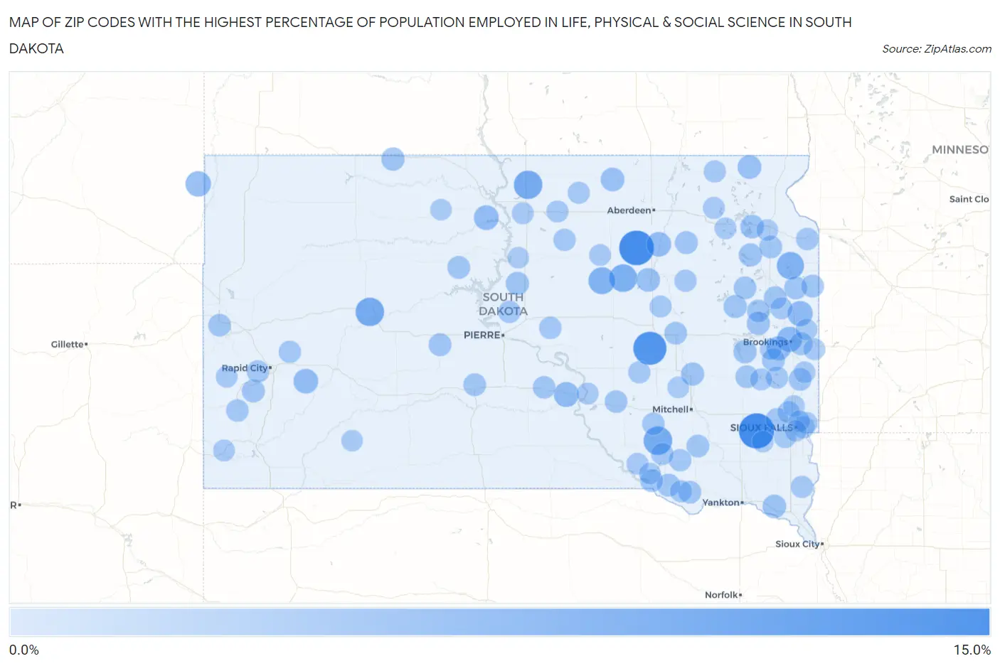 Zip Codes with the Highest Percentage of Population Employed in Life, Physical & Social Science in South Dakota Map