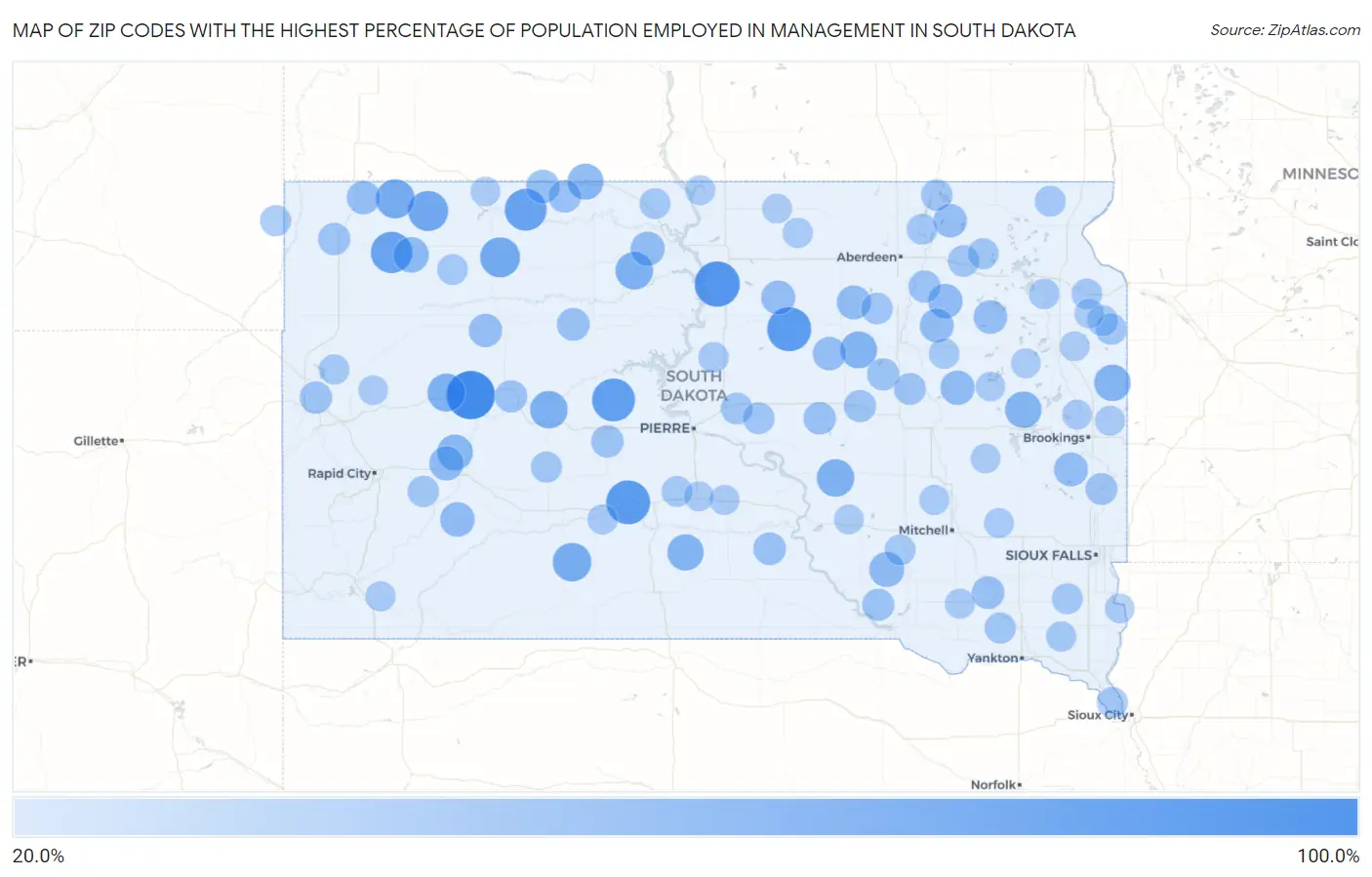 Zip Codes with the Highest Percentage of Population Employed in Management in South Dakota Map