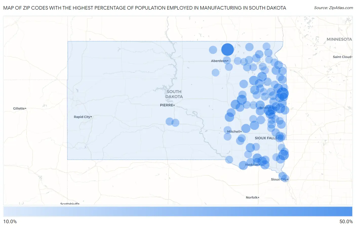 Zip Codes with the Highest Percentage of Population Employed in Manufacturing in South Dakota Map