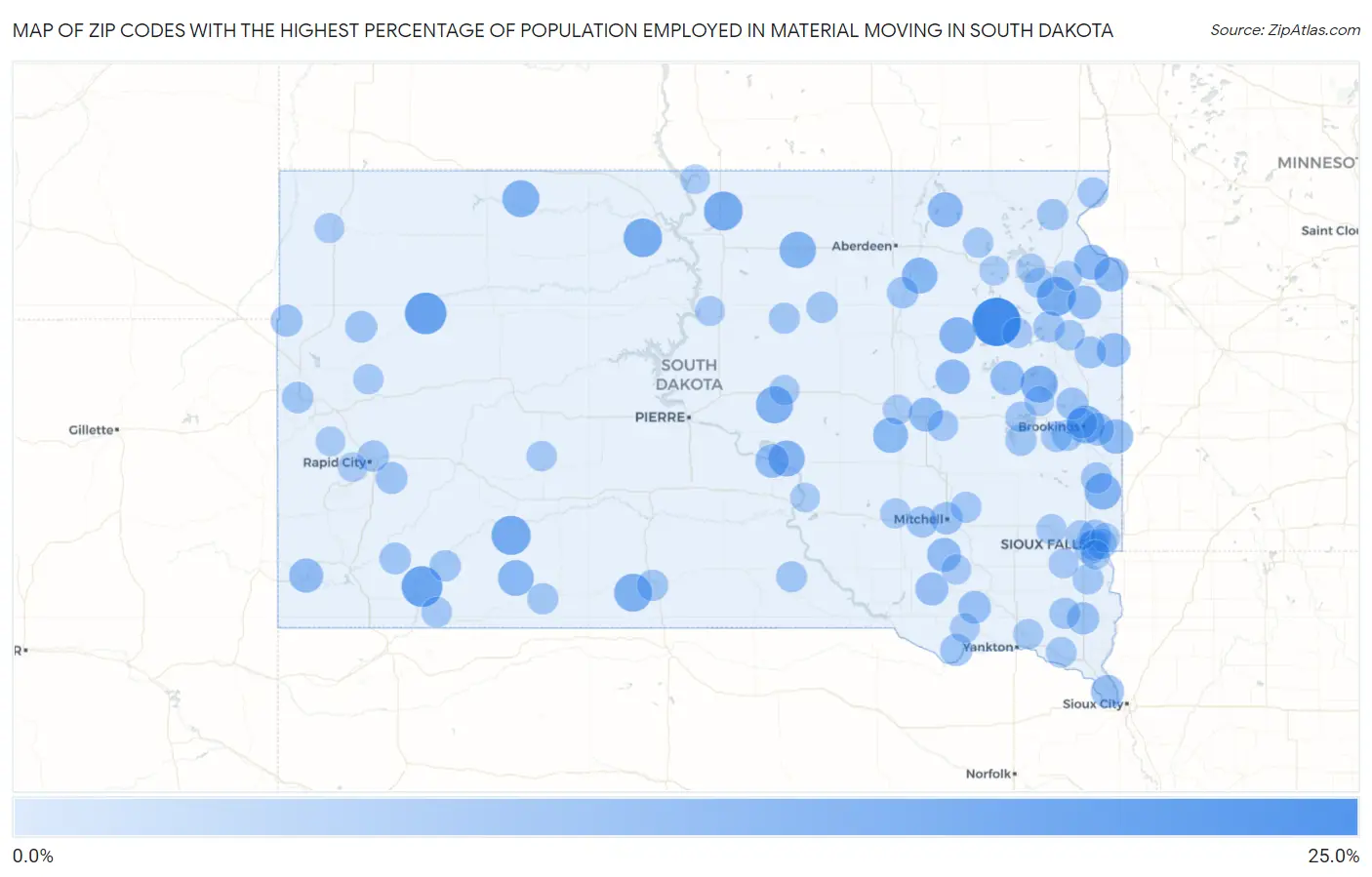 Zip Codes with the Highest Percentage of Population Employed in Material Moving in South Dakota Map
