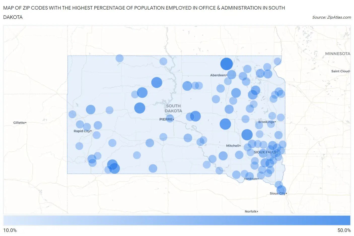 Zip Codes with the Highest Percentage of Population Employed in Office & Administration in South Dakota Map