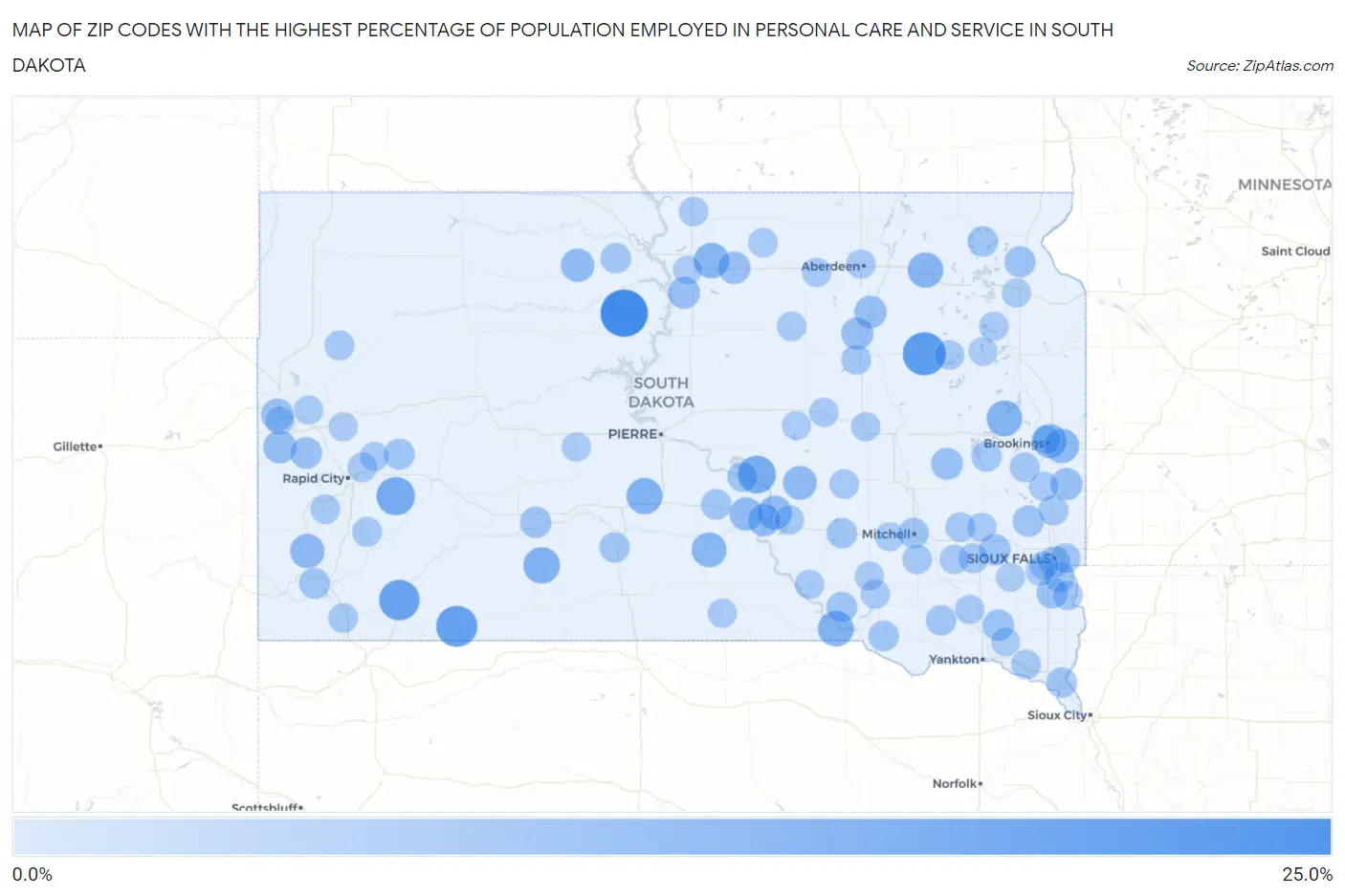 Zip Codes with the Highest Percentage of Population Employed in Personal Care and Service in South Dakota Map