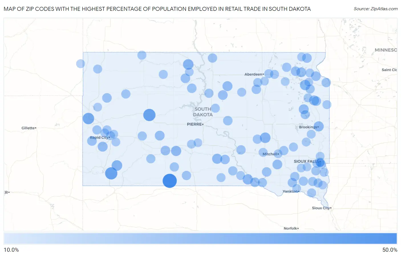 Zip Codes with the Highest Percentage of Population Employed in Retail Trade in South Dakota Map