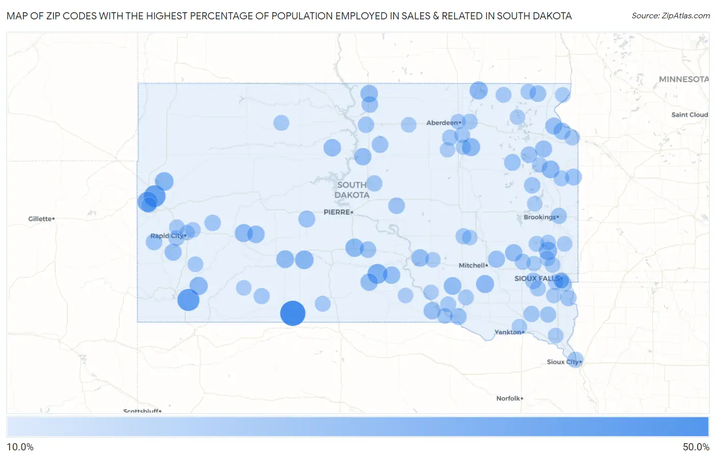Zip Codes with the Highest Percentage of Population Employed in Sales & Related in South Dakota Map
