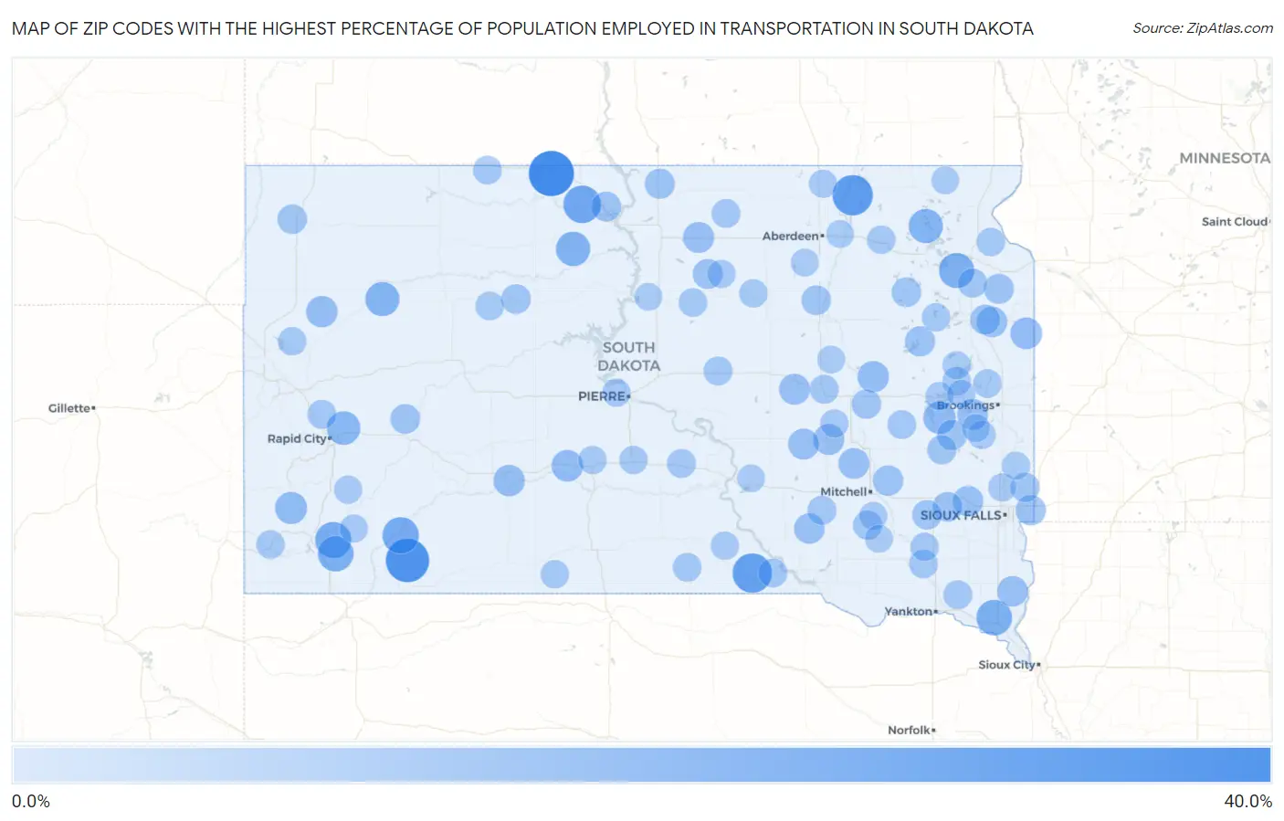Zip Codes with the Highest Percentage of Population Employed in Transportation in South Dakota Map