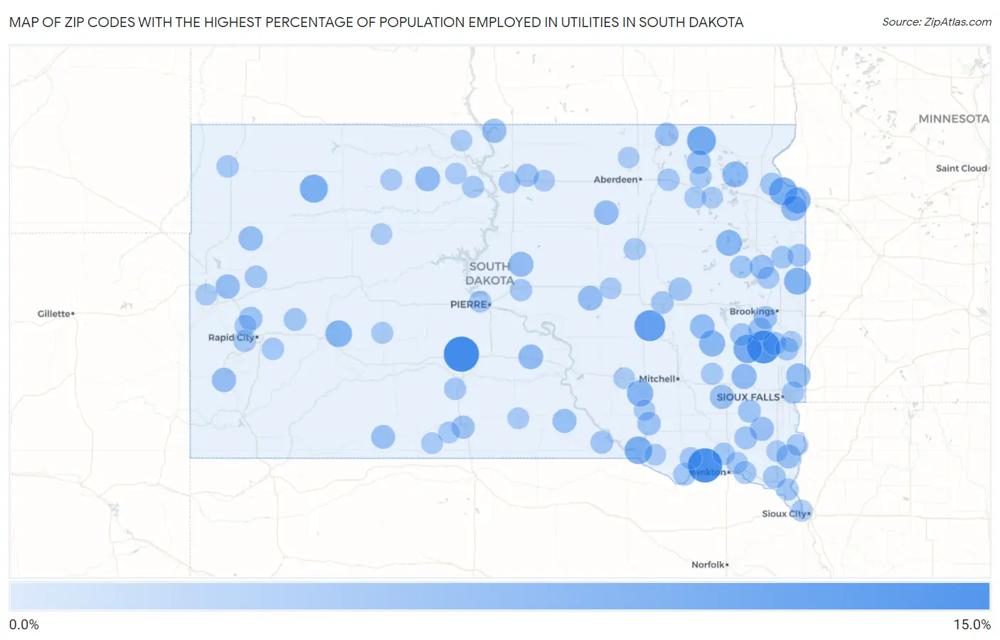Zip Codes with the Highest Percentage of Population Employed in Utilities in South Dakota Map