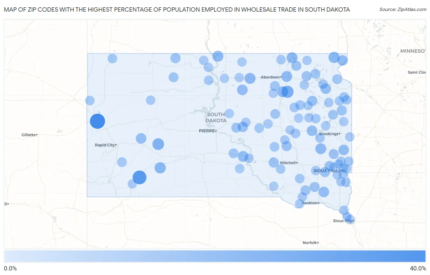 Zip Codes with the Highest Percentage of Population Employed in Wholesale Trade in South Dakota Map