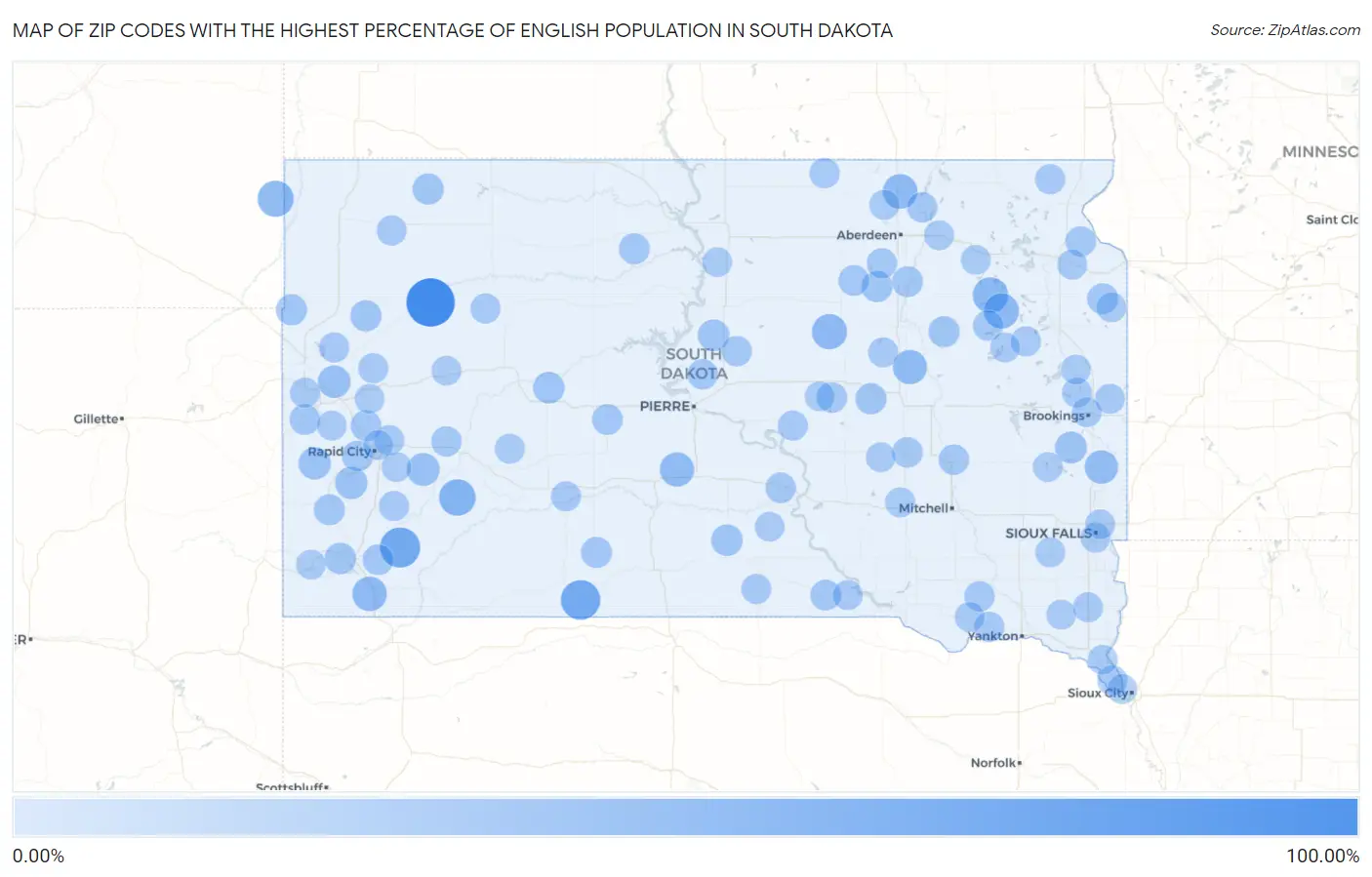Zip Codes with the Highest Percentage of English Population in South Dakota Map