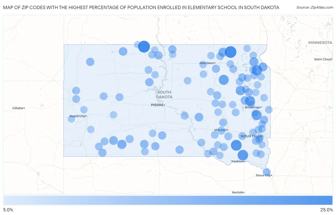 Zip Codes with the Highest Percentage of Population Enrolled in Elementary School in South Dakota Map