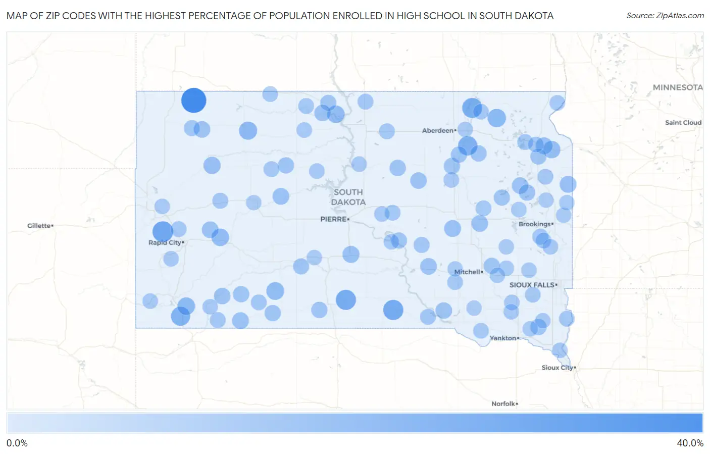 Zip Codes with the Highest Percentage of Population Enrolled in High School in South Dakota Map