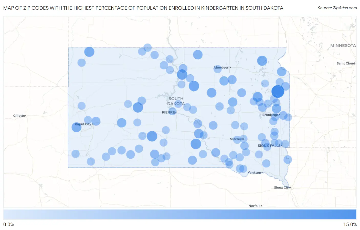 Zip Codes with the Highest Percentage of Population Enrolled in Kindergarten in South Dakota Map