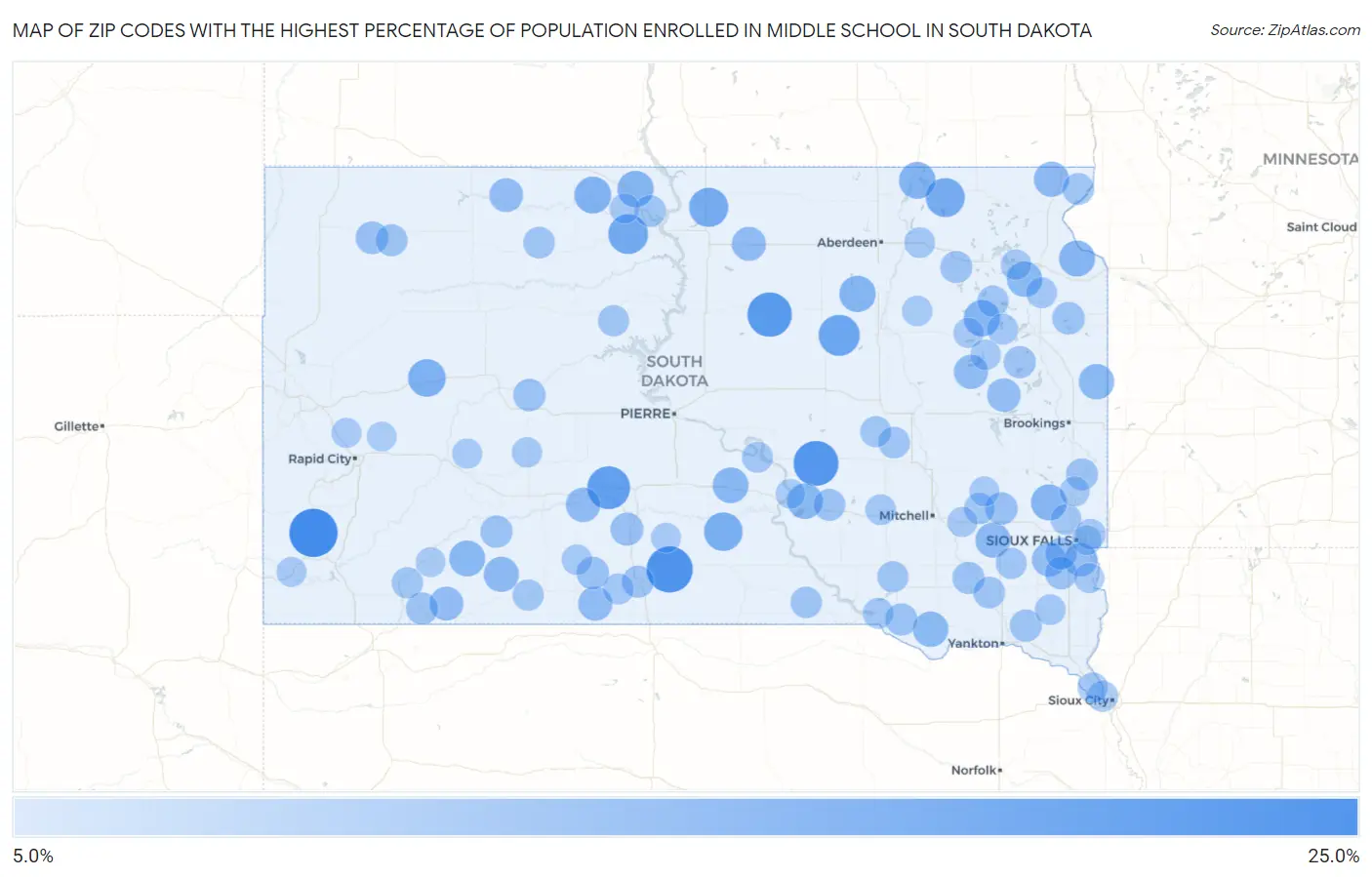 Zip Codes with the Highest Percentage of Population Enrolled in Middle School in South Dakota Map