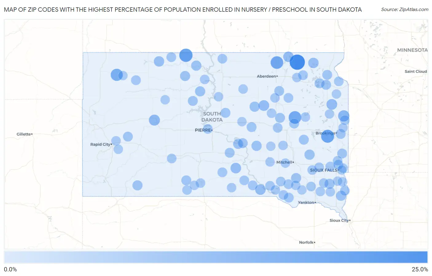 Zip Codes with the Highest Percentage of Population Enrolled in Nursery / Preschool in South Dakota Map