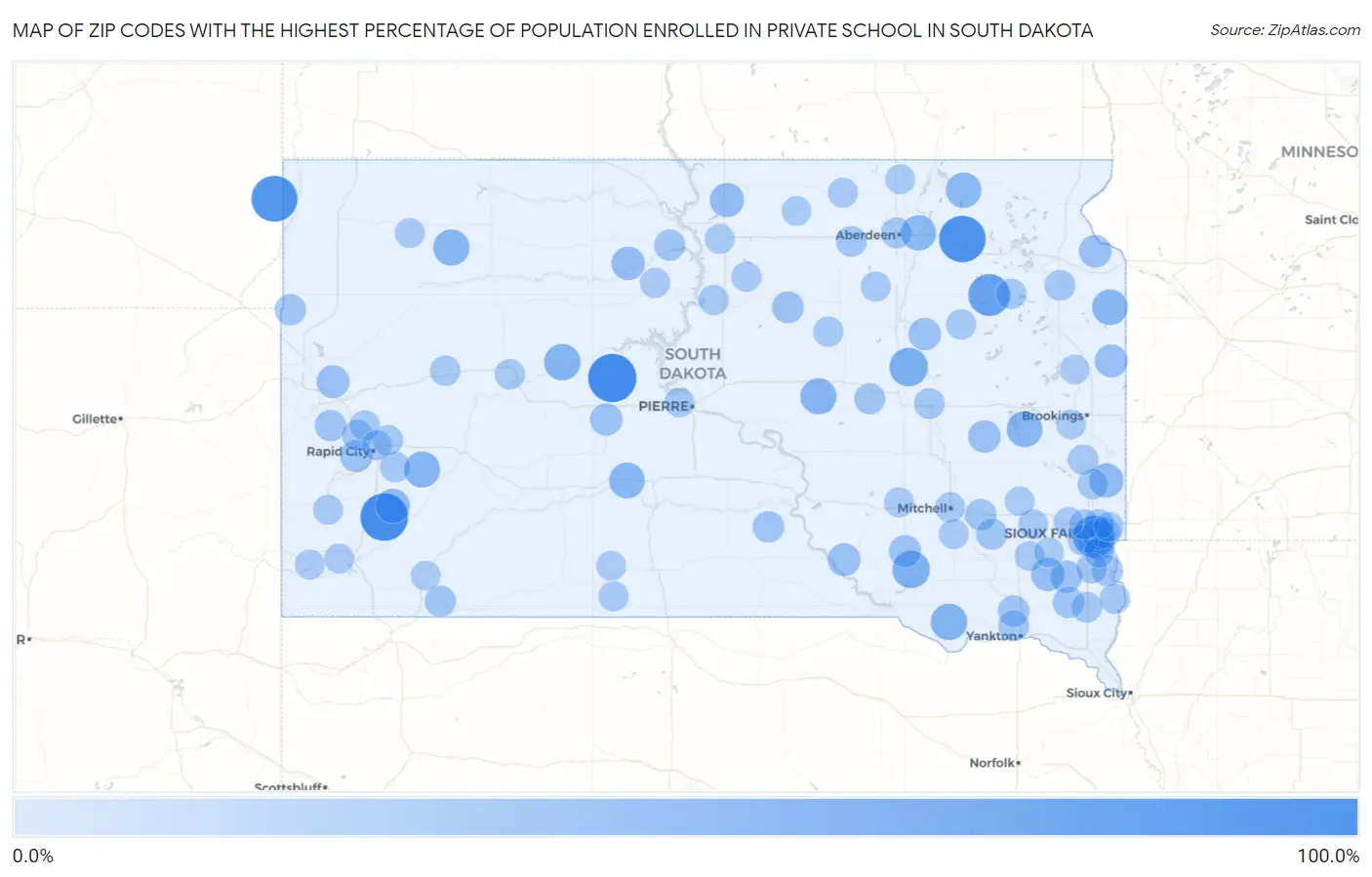 Zip Codes with the Highest Percentage of Population Enrolled in Private School in South Dakota Map