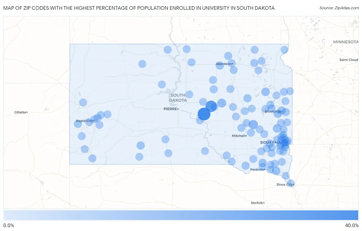 Zip Codes with the Highest Percentage of Population Enrolled in University in South Dakota Map