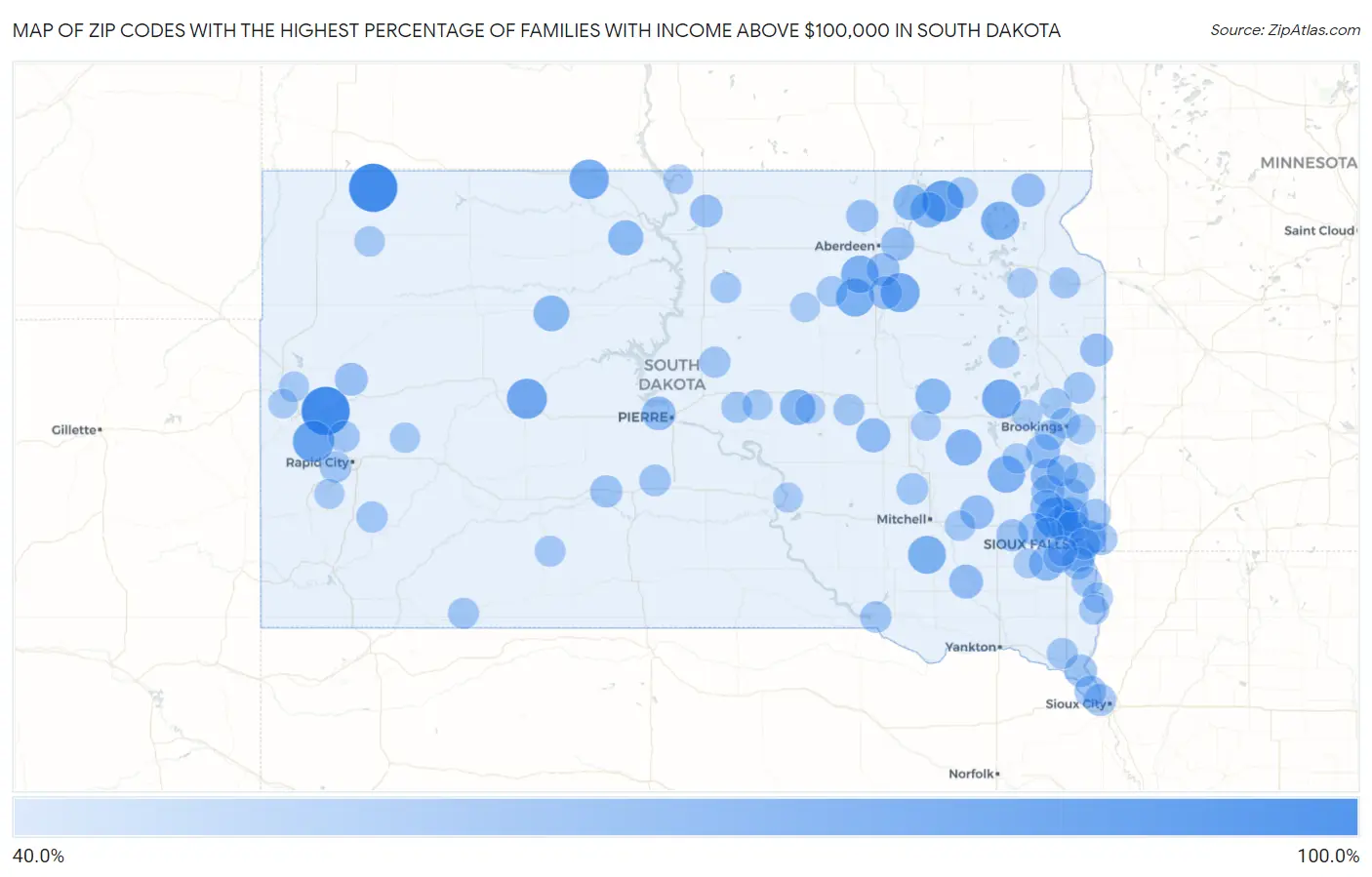 Zip Codes with the Highest Percentage of Families with Income Above $100,000 in South Dakota Map