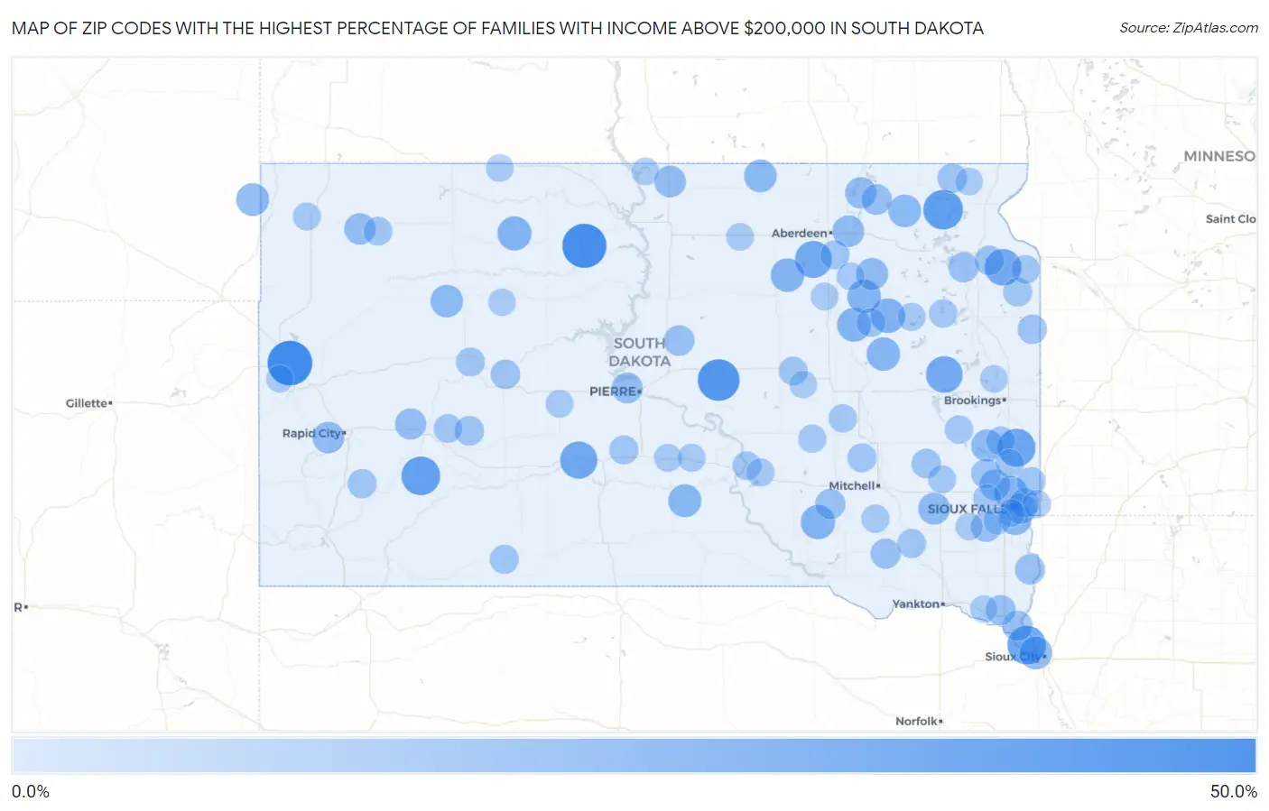 Zip Codes with the Highest Percentage of Families with Income Above $200,000 in South Dakota Map
