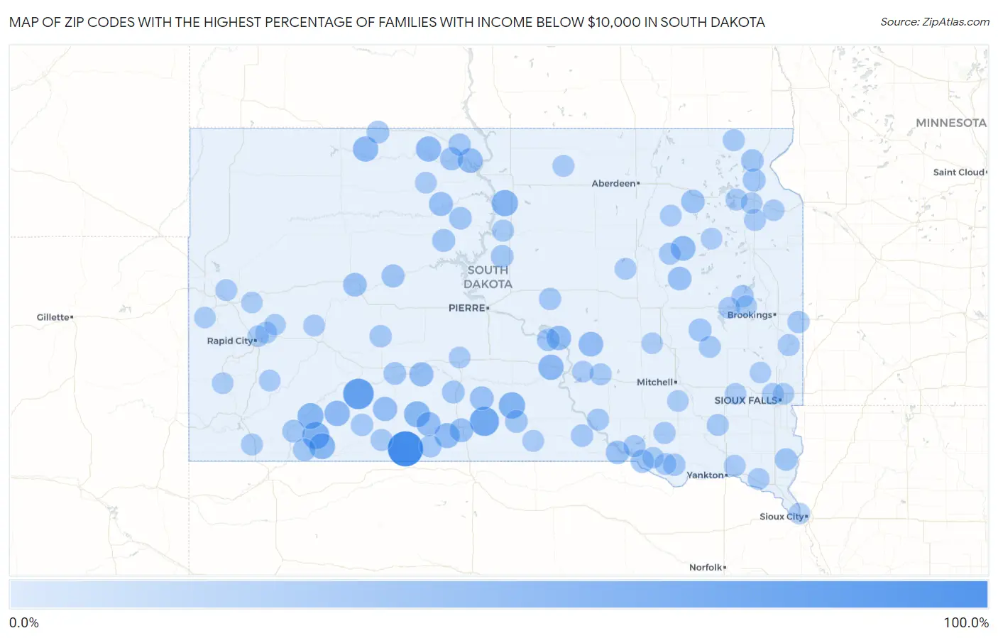 Zip Codes with the Highest Percentage of Families with Income Below $10,000 in South Dakota Map