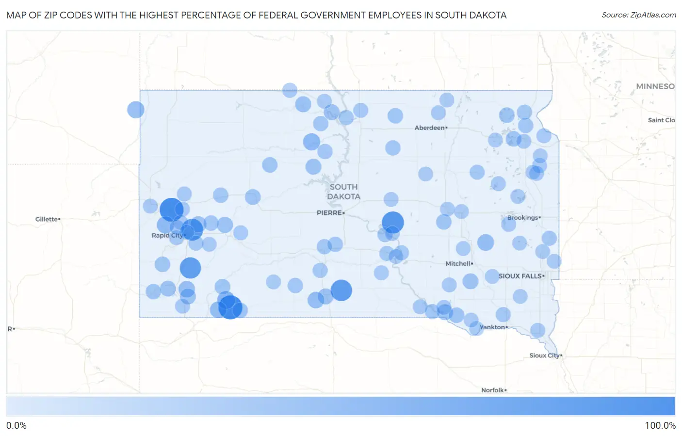 Zip Codes with the Highest Percentage of Federal Government Employees in South Dakota Map