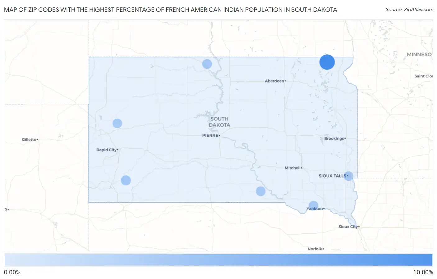 Zip Codes with the Highest Percentage of French American Indian Population in South Dakota Map
