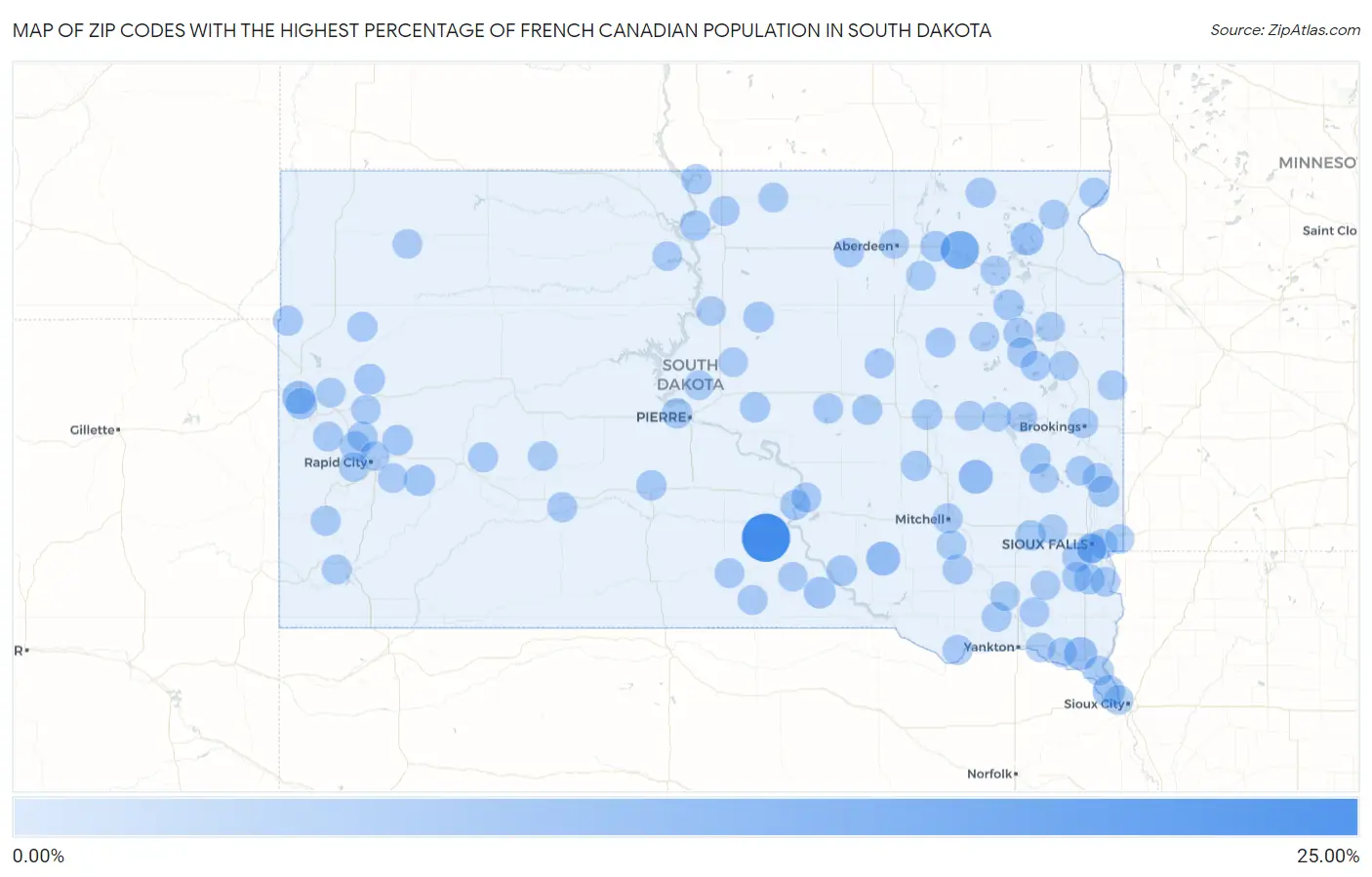 Zip Codes with the Highest Percentage of French Canadian Population in South Dakota Map