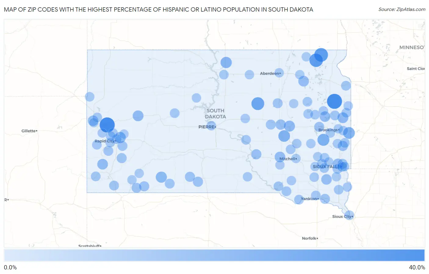 Zip Codes with the Highest Percentage of Hispanic or Latino Population in South Dakota Map
