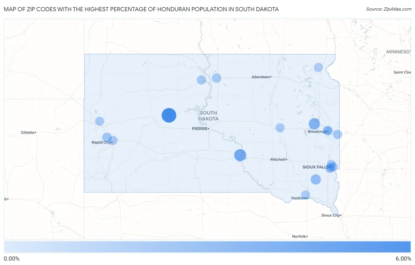 Zip Codes with the Highest Percentage of Honduran Population in South Dakota Map
