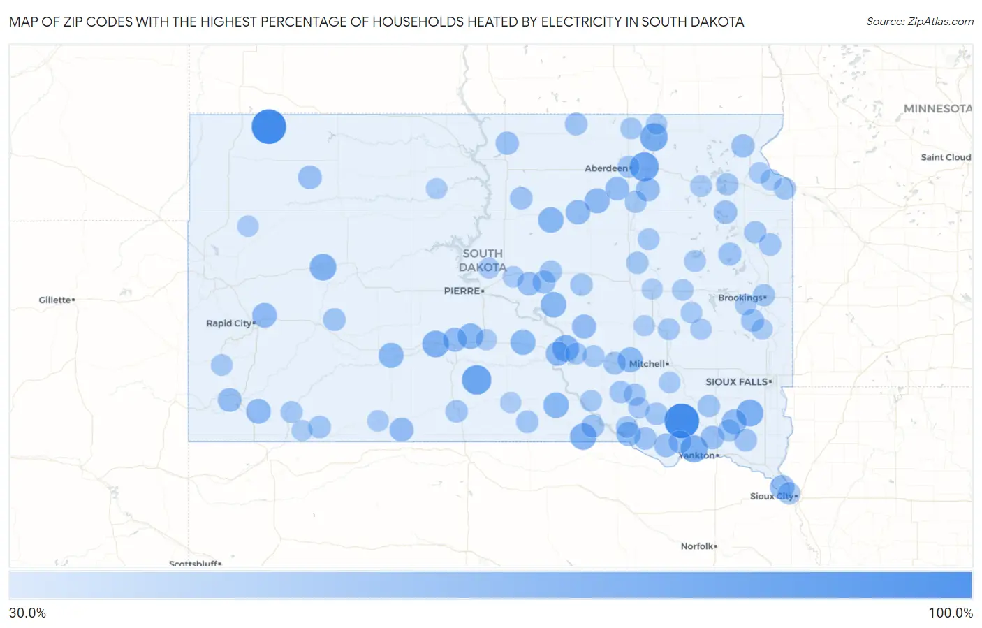 Zip Codes with the Highest Percentage of Households Heated by Electricity in South Dakota Map