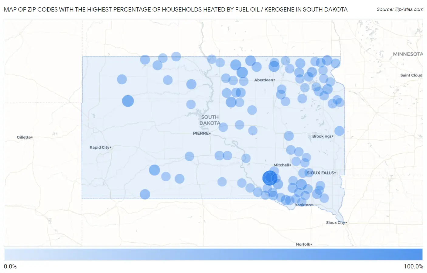 Zip Codes with the Highest Percentage of Households Heated by Fuel Oil / Kerosene in South Dakota Map