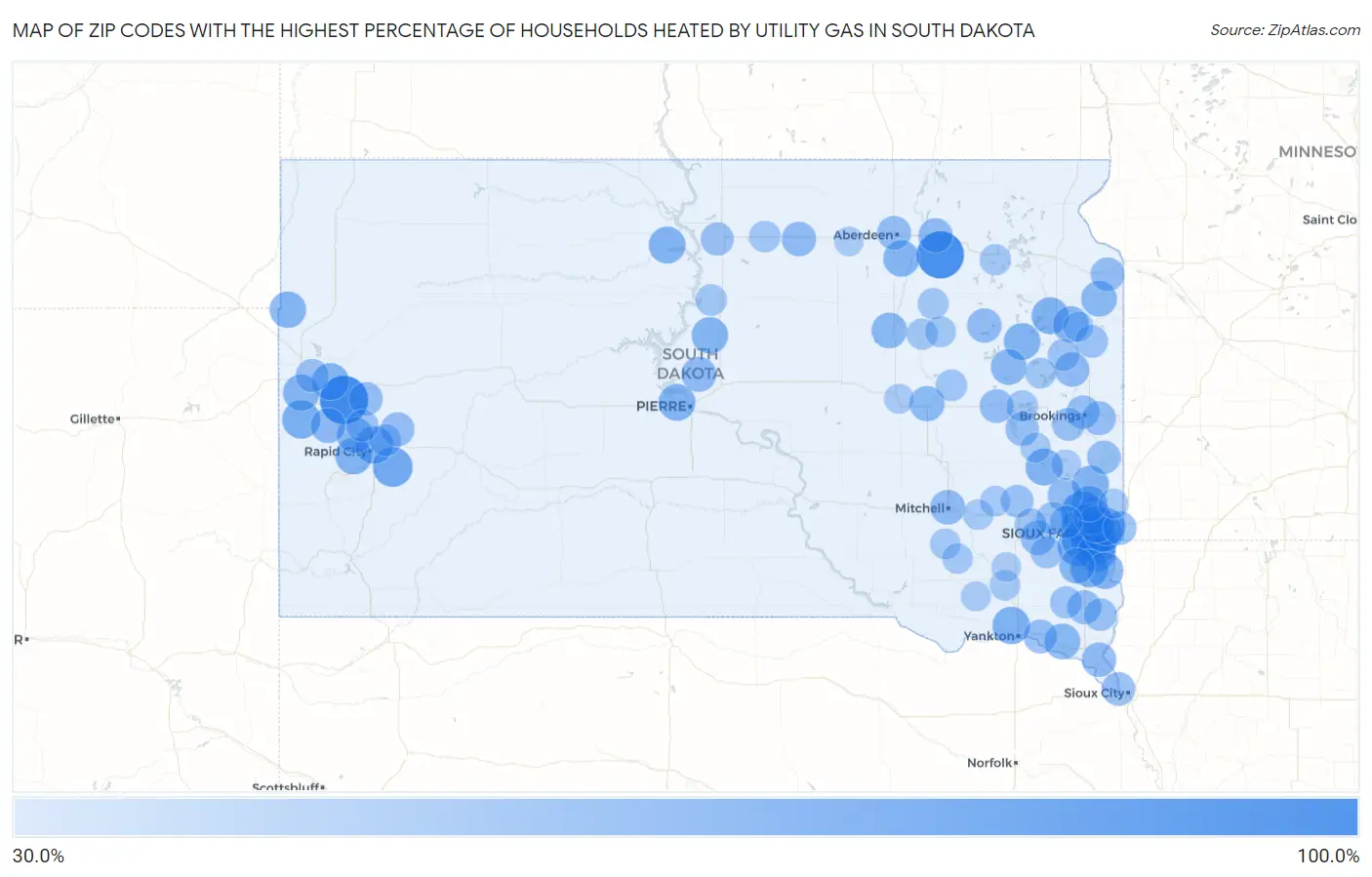 Zip Codes with the Highest Percentage of Households Heated by Utility Gas in South Dakota Map