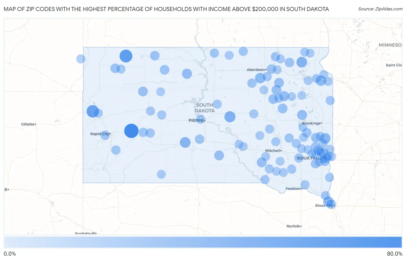 Zip Codes with the Highest Percentage of Households with Income Above $200,000 in South Dakota Map